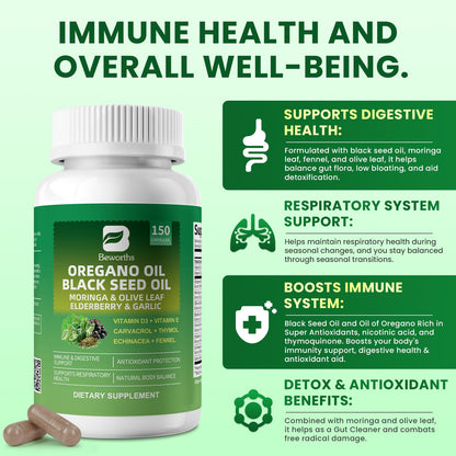 Oil of Oregano with Black Seed Oil Capsules Organic - Immune, Gut & Respiratory Support | 150 Ct