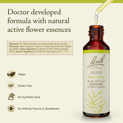 Bach Original Flower Remedies Olive – Restore Energy & Emotional Balance (20mL Dropper) – Vegan, Gluten Free, Sugar Free