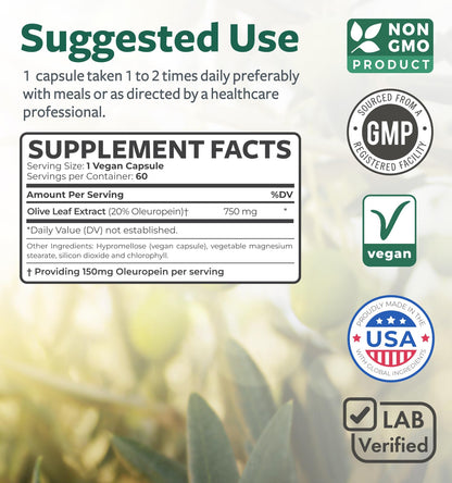 Super Strength Olive Leaf Extract Capsules – 750mg, 20% Oleuropein, Vegan & Non-GMO | Made in USA (2 Month Supply)