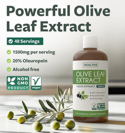 Olive Leaf Extract (Non-GMO) - 1500mg, 20% Oleuropein | Immune Support, Skin Health | Liquid Extract, 8 Fl Oz