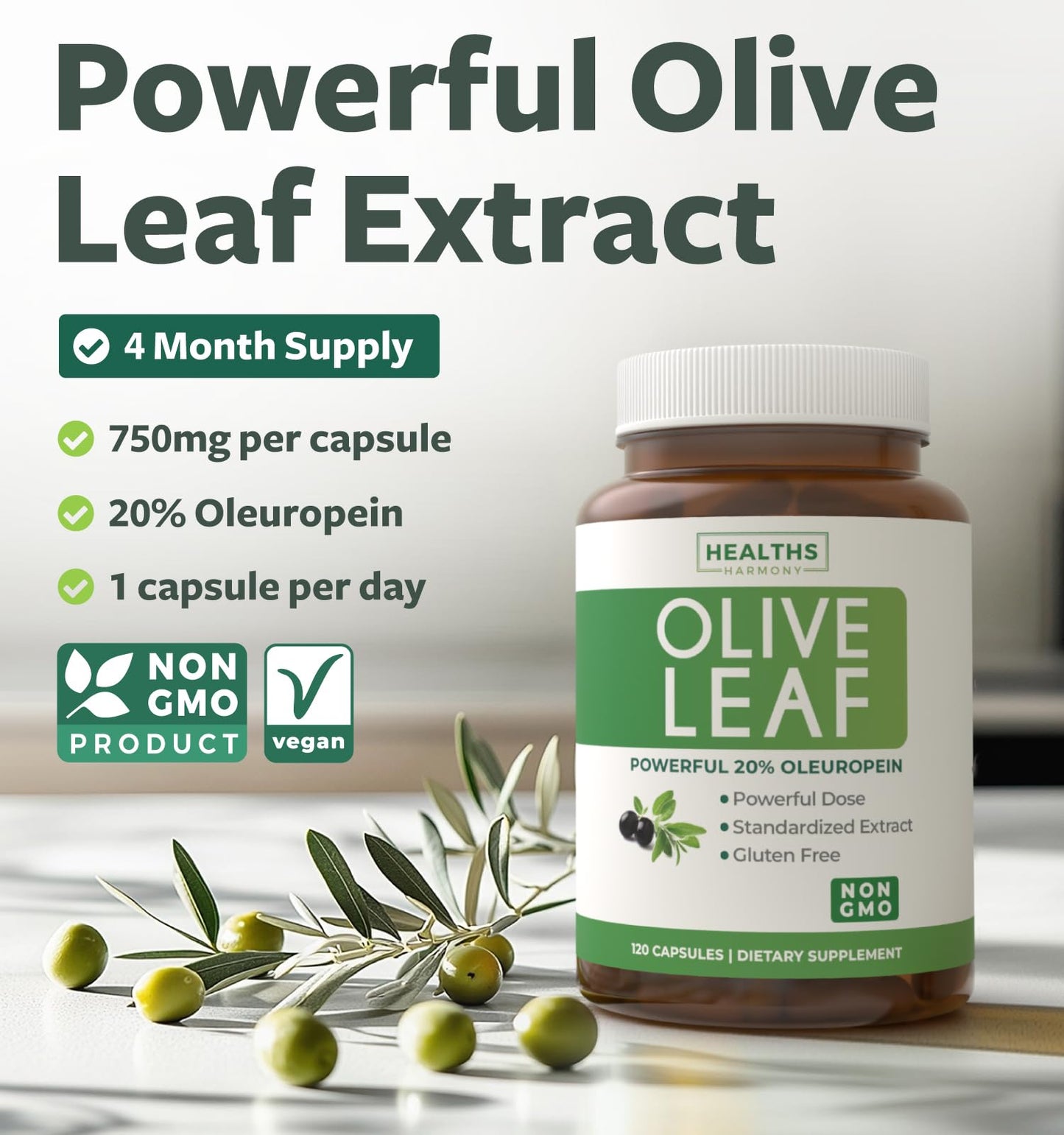 Super Strength Olive Leaf Extract Capsules 750mg – 20% Oleuropein | Vegan, Non-GMO Immunity, Skin & Heart Health – Made in USA (4 Month Supply)