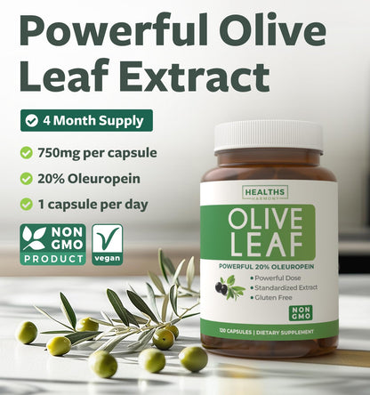 Super Strength Olive Leaf Extract Capsules 750mg – 20% Oleuropein | Vegan, Non-GMO Immunity, Skin & Heart Health – Made in USA (4 Month Supply)