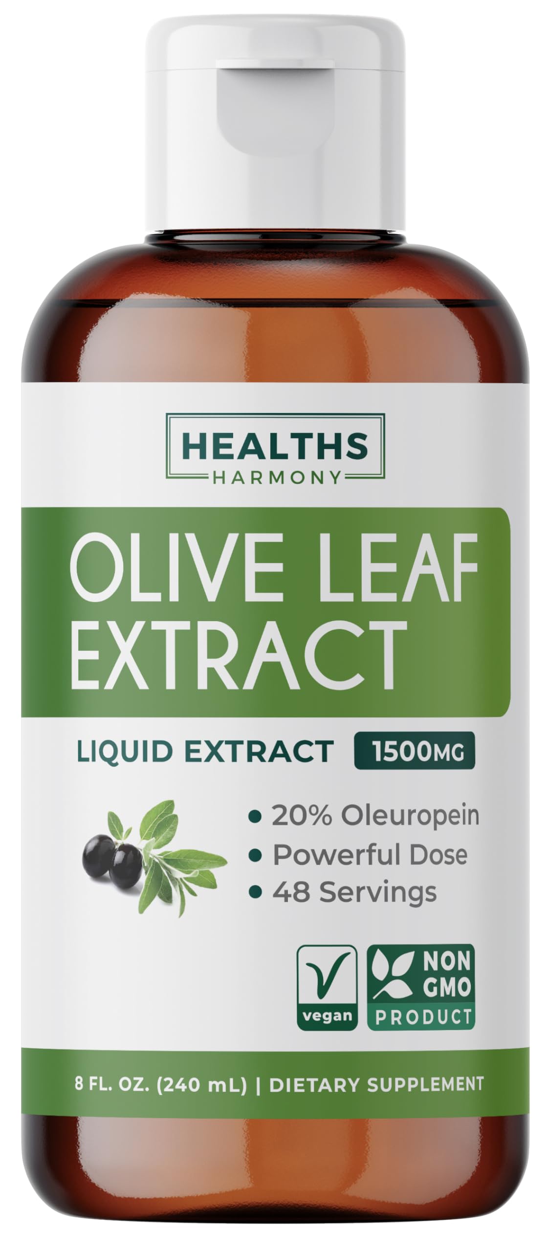 Olive Leaf Extract (Non-GMO) - 1500mg, 20% Oleuropein | Immune Support, Skin Health | Liquid Extract, 8 Fl Oz
