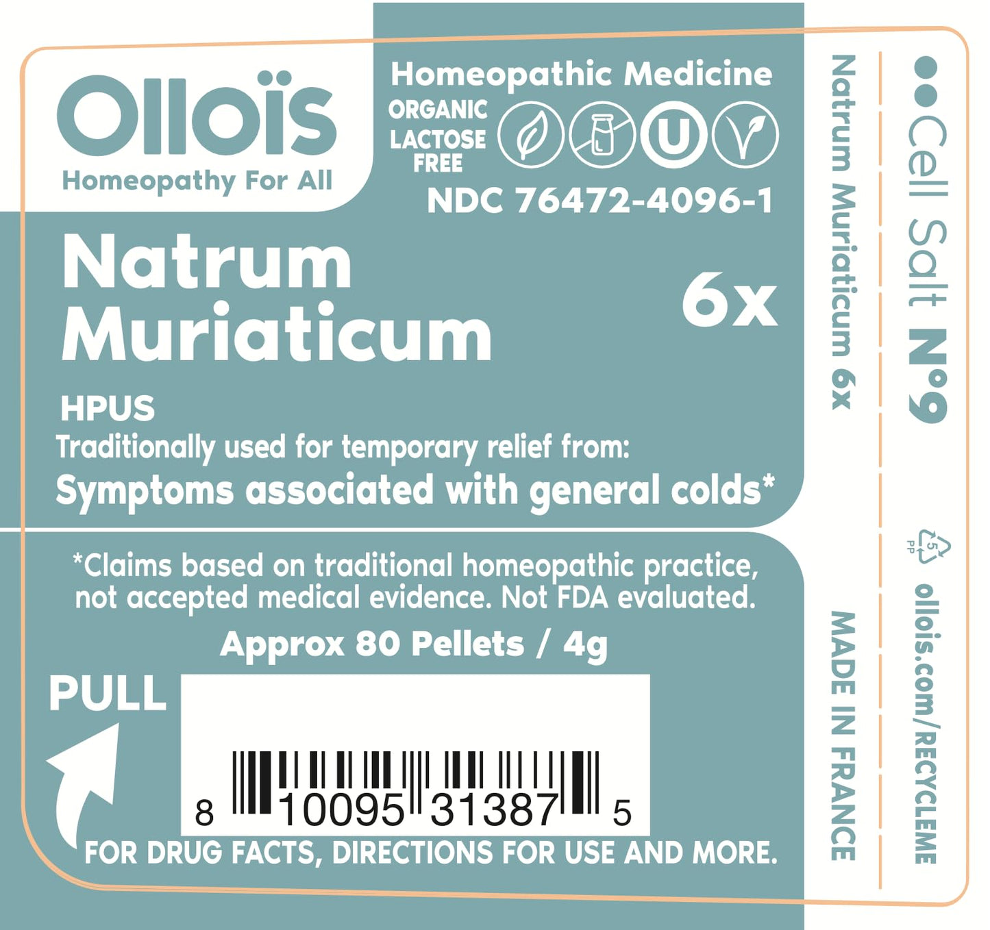 OLLOIS Natrum Muriaticum 6X – Cell Salt #9, Lactose-Free, Organic & Vegan, Kosher Certified | Approx. 80 Pellets (Pack of 1)