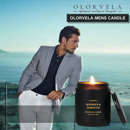 olorvela Scented Candles for Men — 8oz, 50-Hour Burn, Summer Hill & Amber Wood, Giftable Black Jar