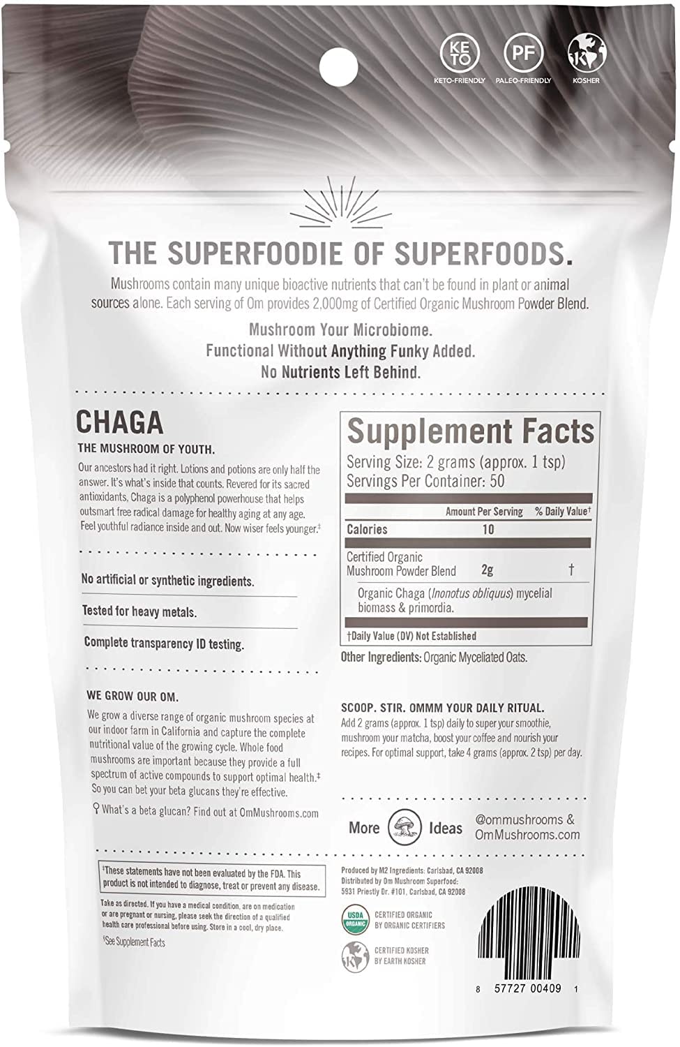 Om Mushroom Superfood Chaga Organic Mushroom Powder – 3.5 oz, 50 Servings, USA Grown | Antioxidants & Immune Support