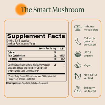 Om Lion's Mane Mushroom Capsules | Organic Mushroom Supplement & Nootropic for Memory and Focus | 180 Count (60 Servings)