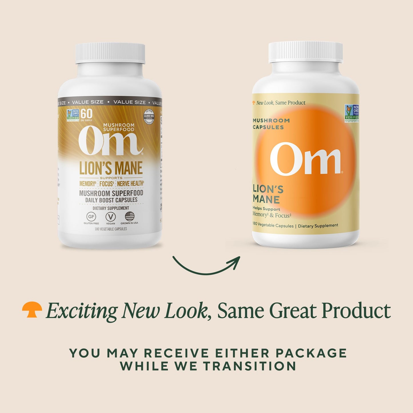 Om Lion's Mane Mushroom Capsules | Organic Mushroom Supplement & Nootropic for Memory and Focus | 180 Count (60 Servings)