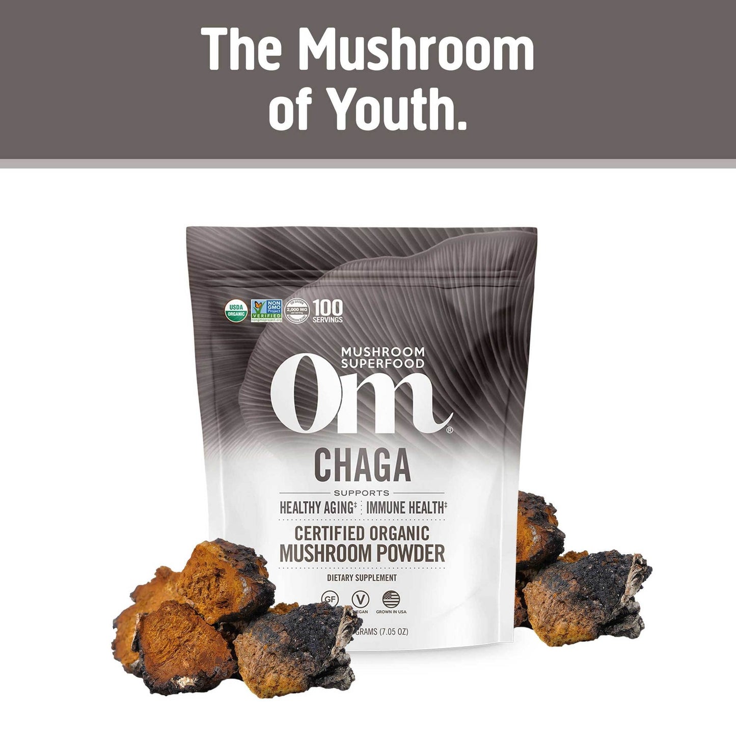 OM MUSHROOM SUPERFOOD Chaga Powder – 7.05 oz, 100 Servings, Organic
