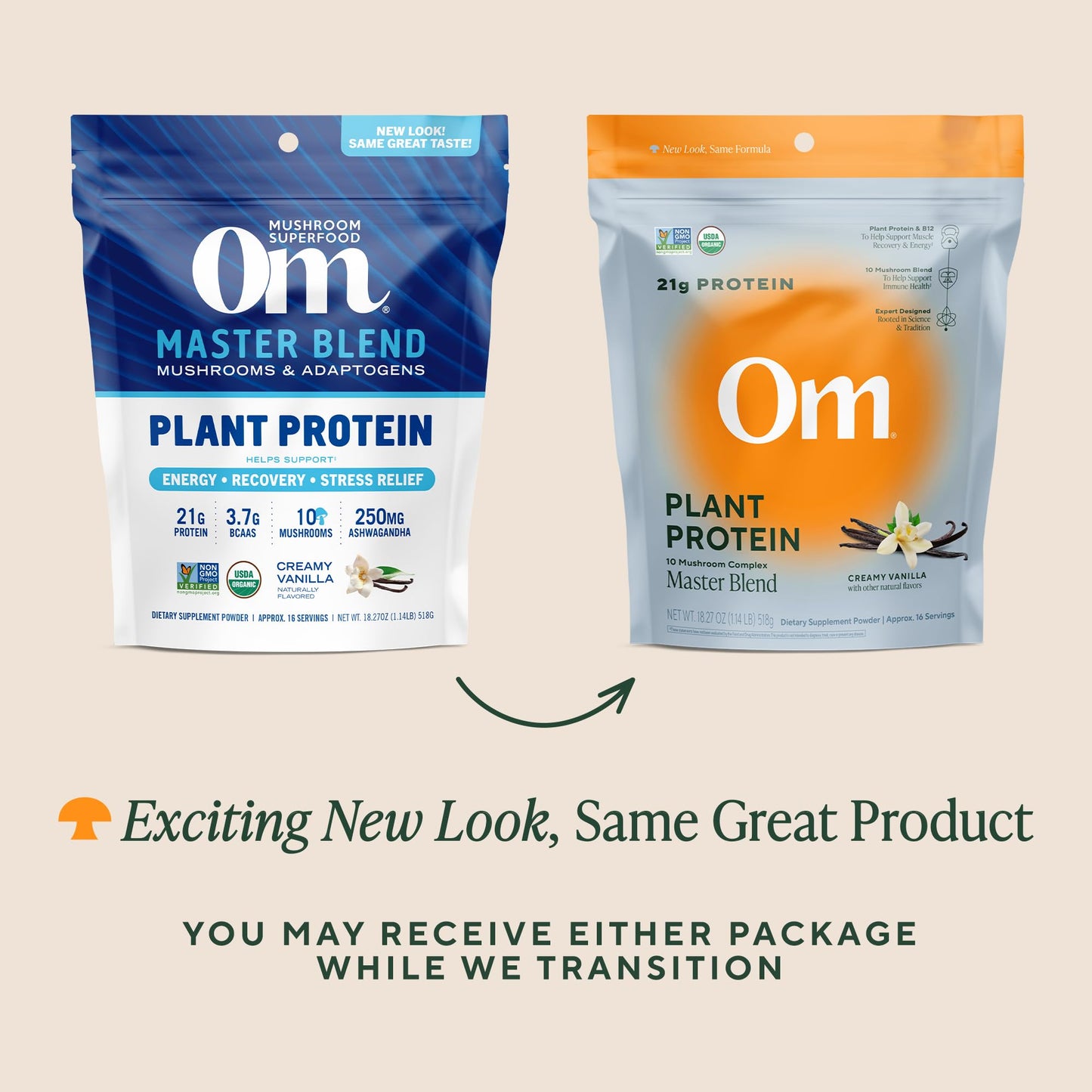 OM Mushroom Superfood Master Blend Vegan Protein - Creamy Vanilla, 1.2 lb (16 Servings) with 10 Mushrooms, Ashwagandha, BCAAs and B12