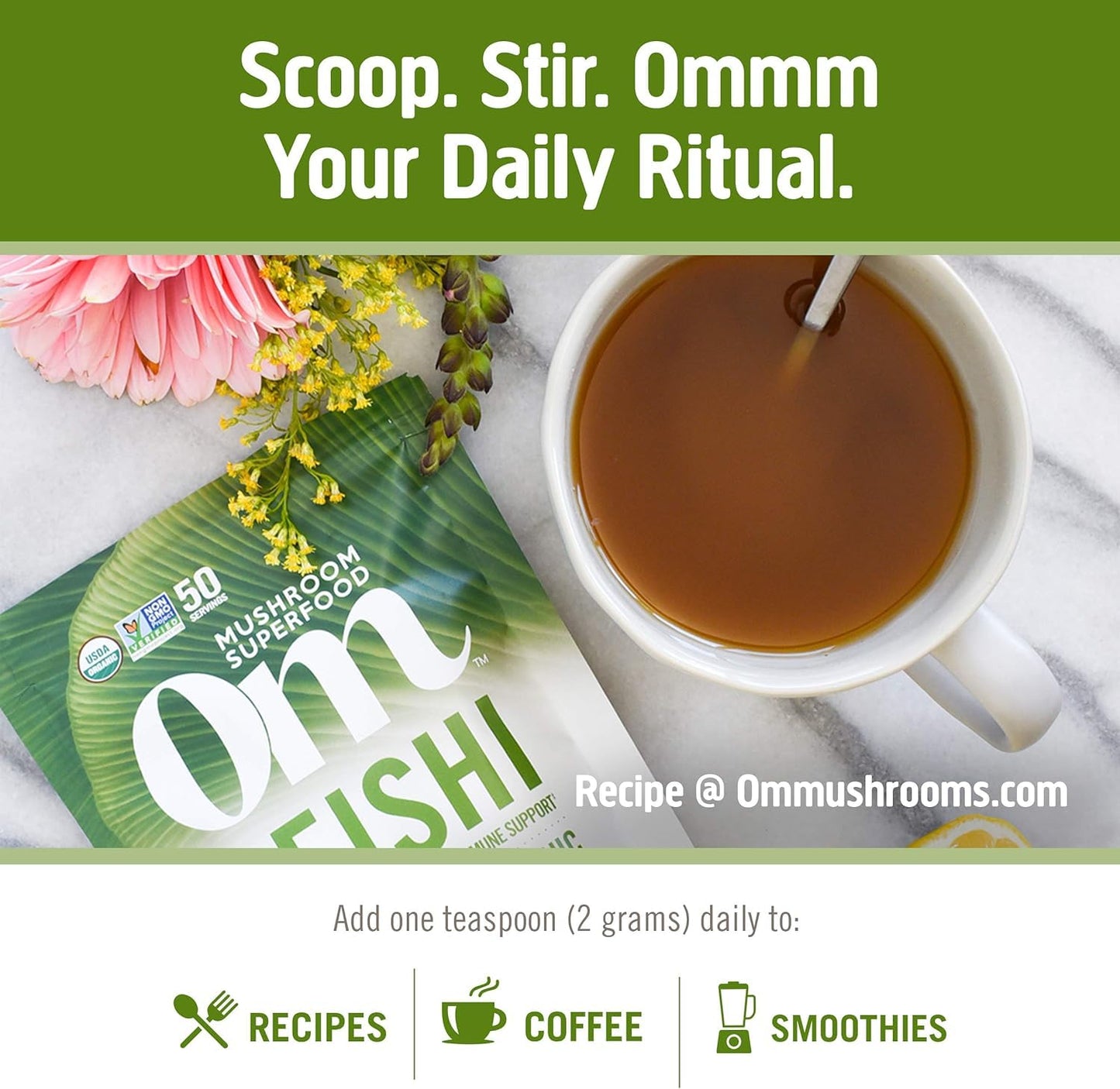 OM MUSHROOM SUPERFOOD Reishi Organic Mushroom Powder – 3.5 oz, 50 Servings, Adaptogen