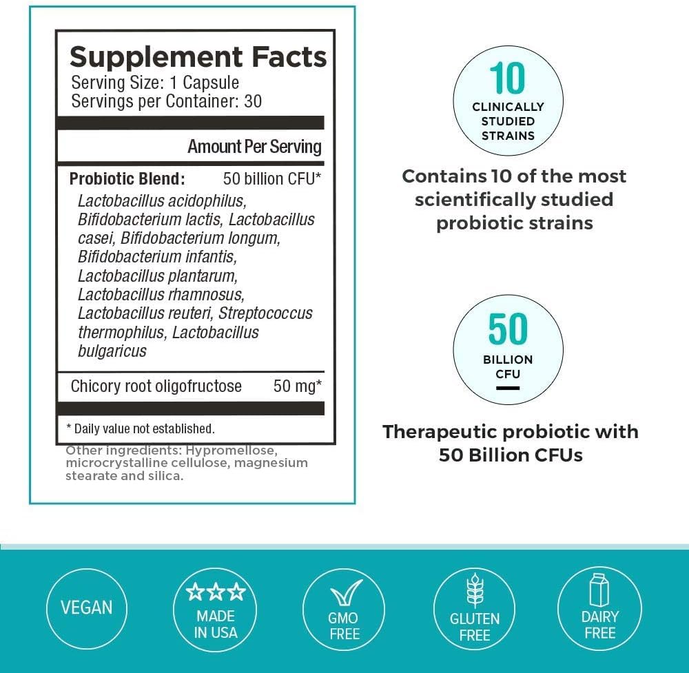 Omax3 Probiotic & Prebiotic 50B CFU - 10 Strains, Vegan + Chicory Inulin