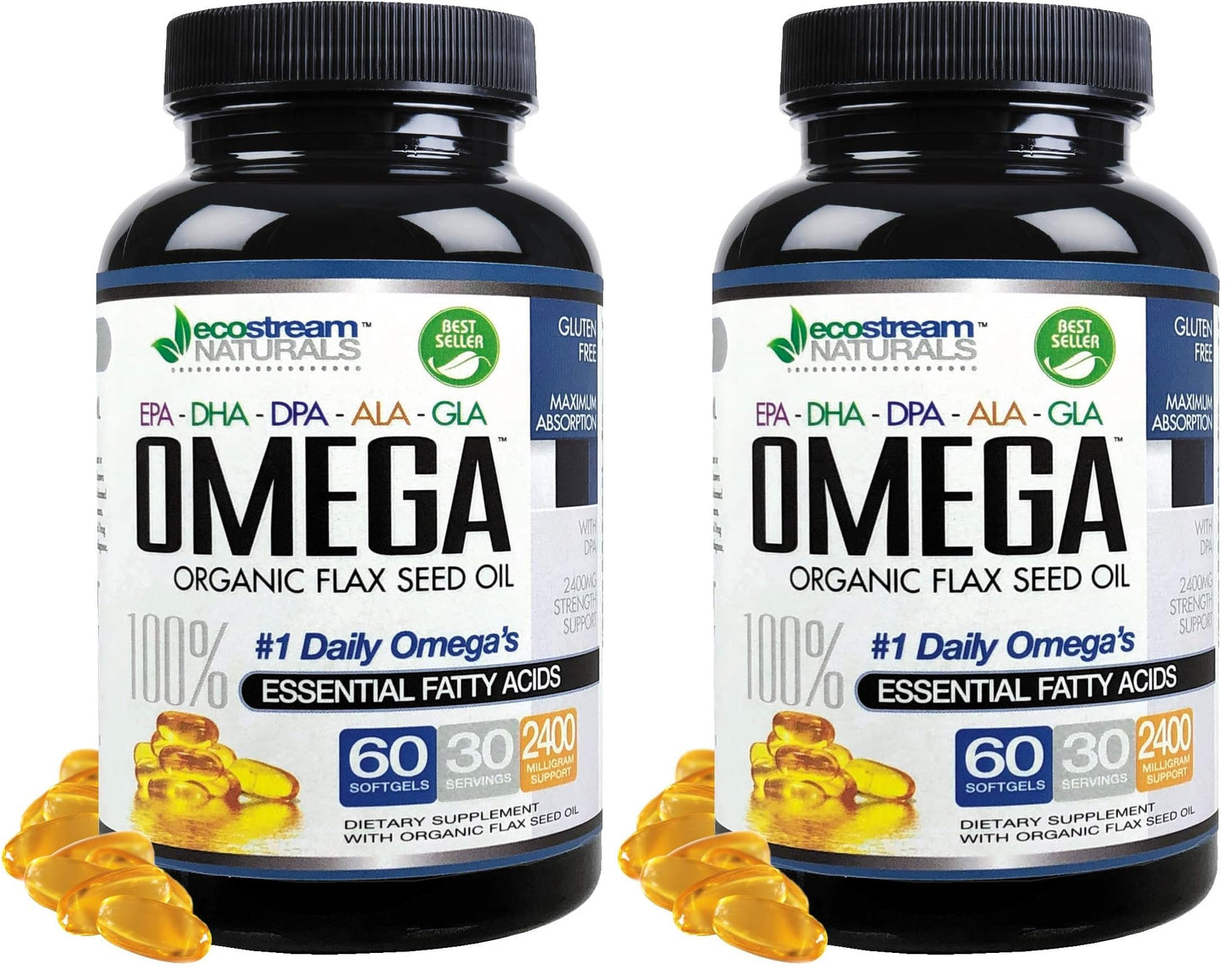 Omega 3-6-9 Blend with DPA, EPA, DHA, ALA & GLA + Organic Flax Seed Oil | Gluten Free 2x60 SoftGels