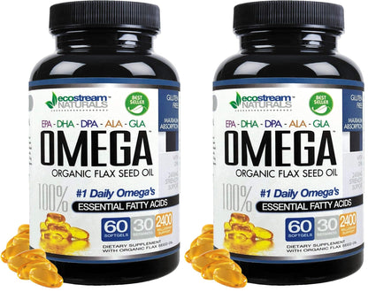Omega 3-6-9 Blend with DPA, EPA, DHA, ALA & GLA + Organic Flax Seed Oil | Gluten Free 2x60 SoftGels
