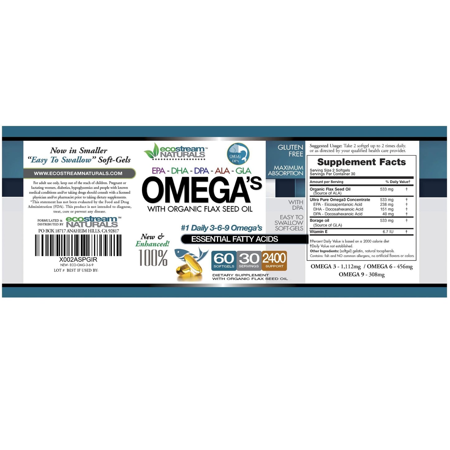 Omega 3-6-9 Blend with DPA, EPA, DHA, ALA & GLA + Organic Flax Seed Oil | Gluten Free 2x60 SoftGels