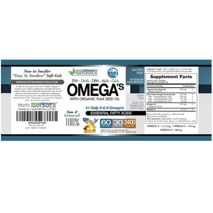 Omega 3-6-9 Blend with DPA, EPA, DHA, ALA & GLA + Organic Flax Seed Oil | Gluten Free 2x60 SoftGels