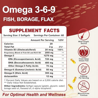 Triple Omega 3-6-9 Fish Oil 2000mg with D3 & Astaxanthin - 60 Servings