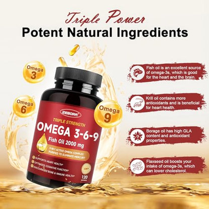 Triple Omega 3-6-9 Fish Oil 2000mg with D3 & Astaxanthin - 60 Servings
