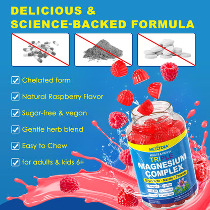 Triple Magnesium Complex Gummies for Adults & Kids 6+ – Sugar Free | Omega-3, Saffron, L-Theanine