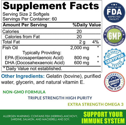 Omega 3 Fish Oil Supplement – 2000mg with EPA DHA & Vitamin E – Burpless, Triple Strength Support for Men & Women – 120 Easy Swallow Softgels