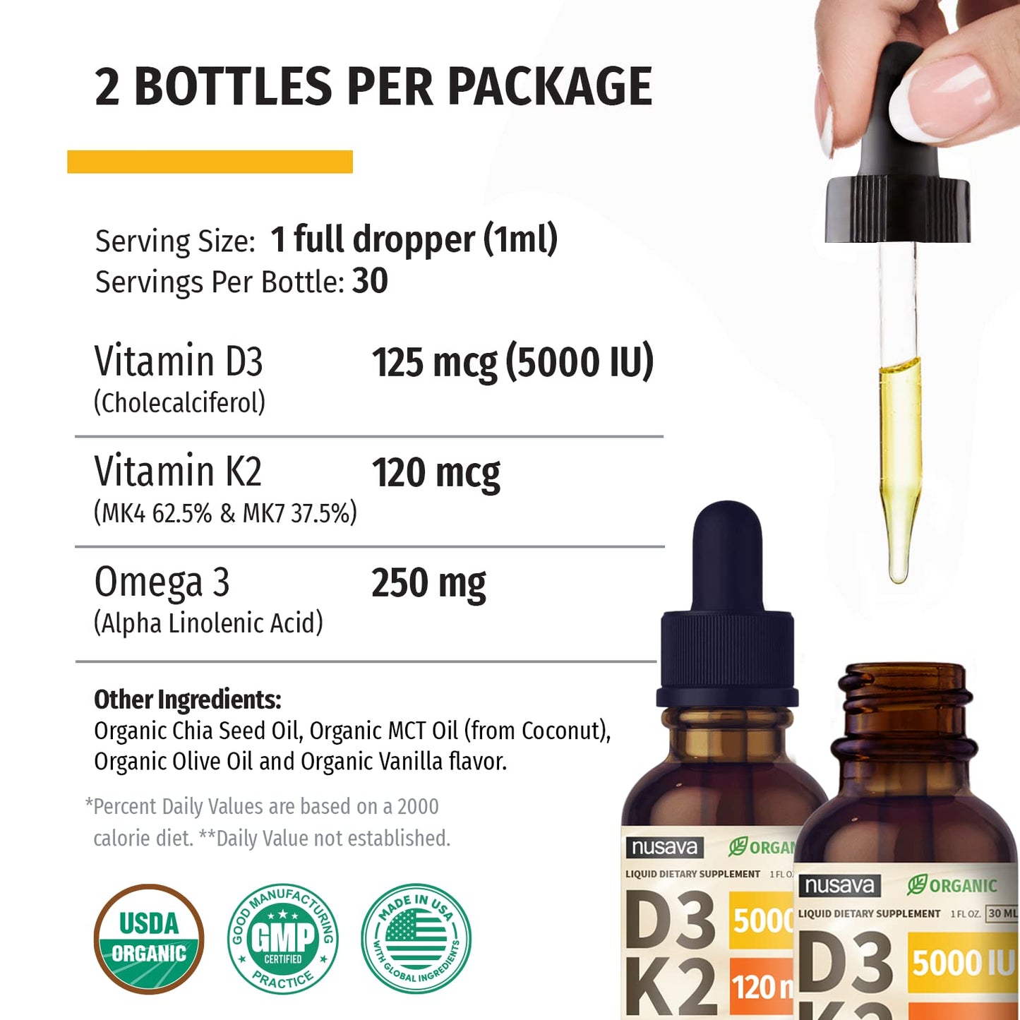 (2 Pack) Organic Vitamin D3 K2 Drops with MCT Oil | 5000 IU, Non-GMO, Vanilla