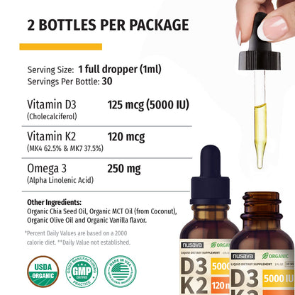 (2 Pack) Organic Vitamin D3 K2 Drops with MCT Oil | 5000 IU, Non-GMO, Vanilla