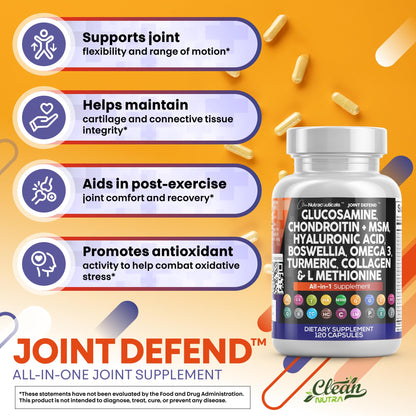 Joint Defend: Glucosamine Chondroitin MSM 1500mg + Turmeric Curcumin – Joint Health Supplement (120 Count)