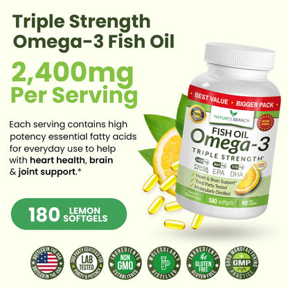 Triple Strength Omega-3 Fish Oil Pills — 180 Softgels, 2400mg, Burpless Lemon