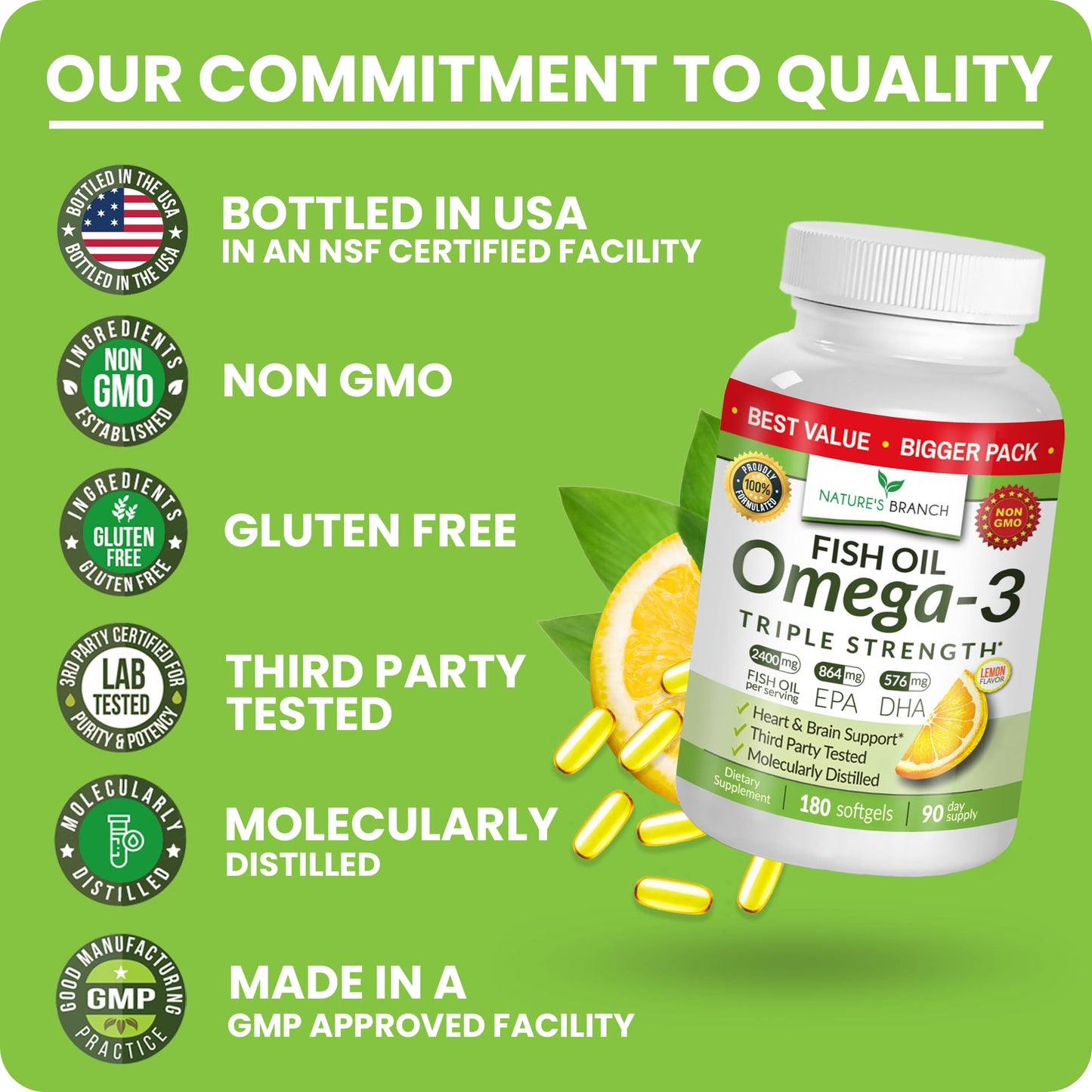 Triple Strength Omega-3 Fish Oil Pills — 180 Softgels, 2400mg, Burpless Lemon