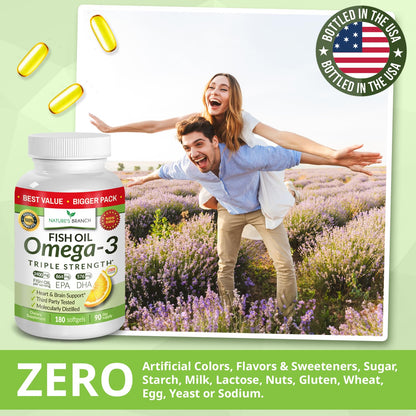 Triple Strength Omega-3 Fish Oil Pills — 180 Softgels, 2400mg, Burpless Lemon