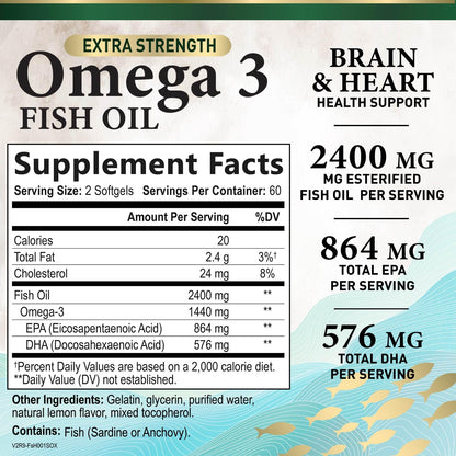 Omega 3 Fish Oil 2400 mg - Triple Strength EPA & DHA | Wild Caught Sardine