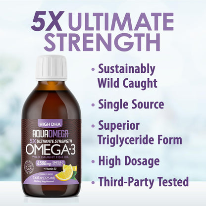 5X Ultimate Strength Omega-3 Fish Oil Liquid – High DHA & EPA, Lemon, 7.60 fl oz