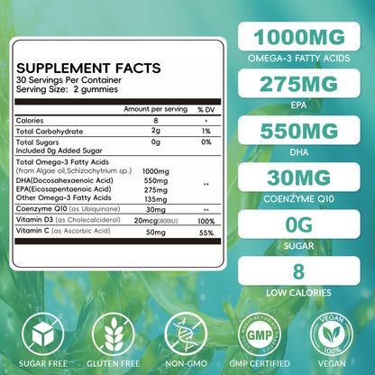 2 Pack Vegan Omega-3 Gummies with CoQ10 – Plant-Based DHA 550mg + EPA 275mg, Vitamin D3/E/C, Sugar Free, 120 Count
