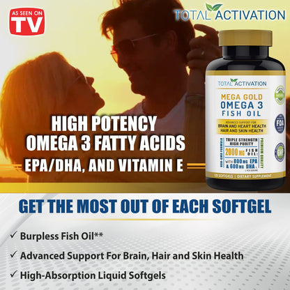 Omega 3 Fish Oil Supplement – 2000mg with EPA DHA & Vitamin E – Burpless, Triple Strength Support for Men & Women – 120 Easy Swallow Softgels