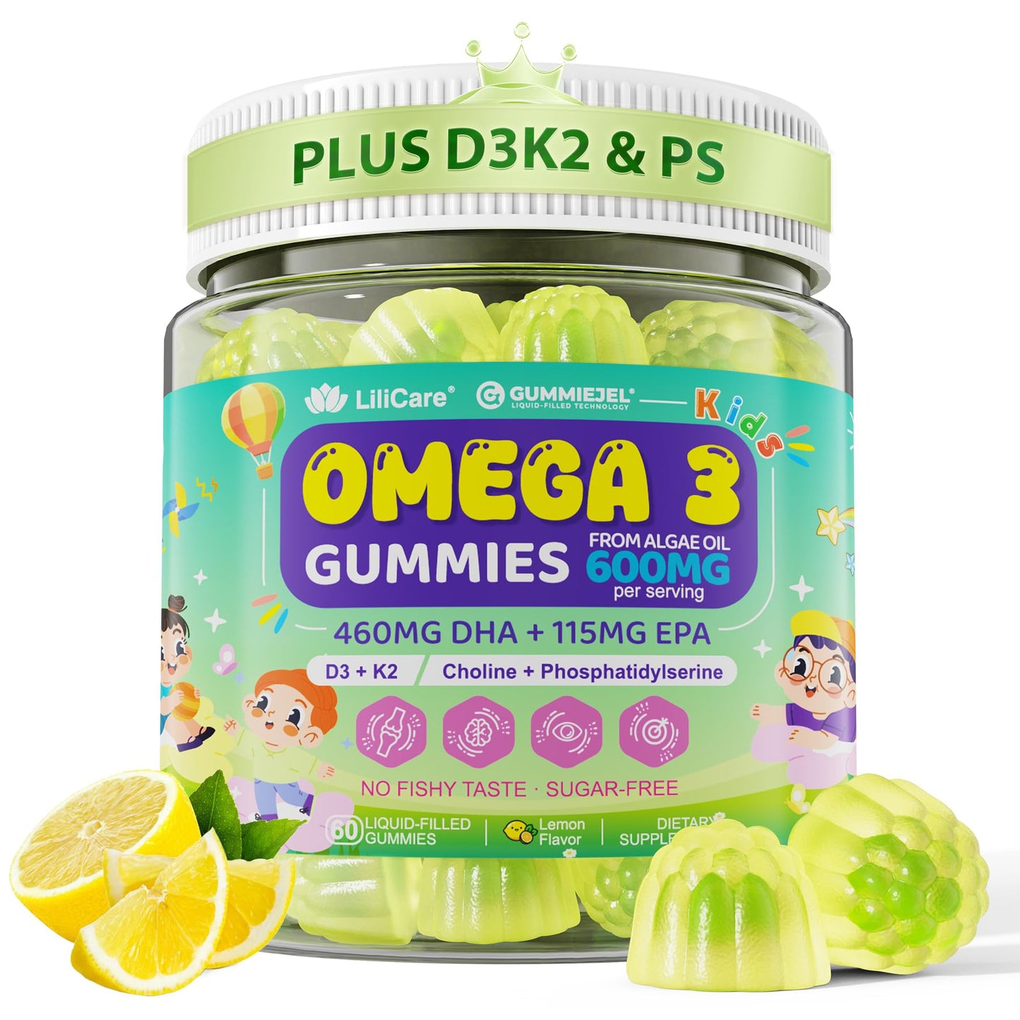 Omega-3 for Kids 4+ | Algae EPA/DHA Gummies + Vitamin D3 & K2, Zero Sugar, Lemon, 60 Count