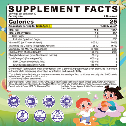Omega-3 for Kids 4+ | Algae EPA/DHA Gummies + Vitamin D3 & K2, Zero Sugar, Lemon, 60 Count