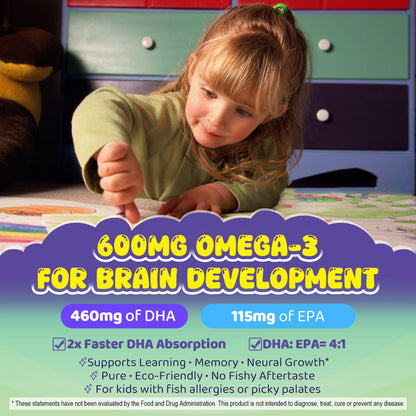 Omega-3 for Kids 4+ | Algae EPA/DHA Gummies + Vitamin D3 & K2, Zero Sugar, Lemon, 60 Count