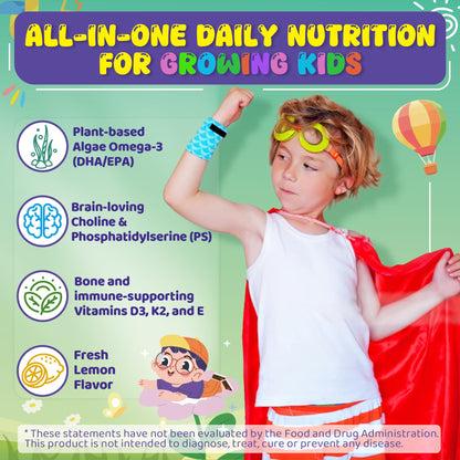 Omega-3 for Kids 4+ | Algae EPA/DHA Gummies + Vitamin D3 & K2, Zero Sugar, Lemon, 60 Count