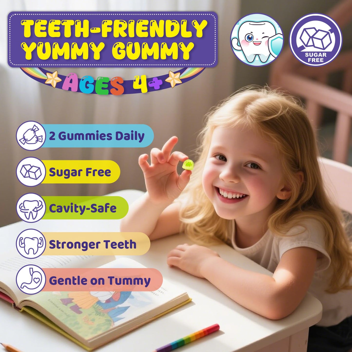 Omega-3 for Kids 4+ | Algae EPA/DHA Gummies + Vitamin D3 & K2, Zero Sugar, Lemon, 60 Count