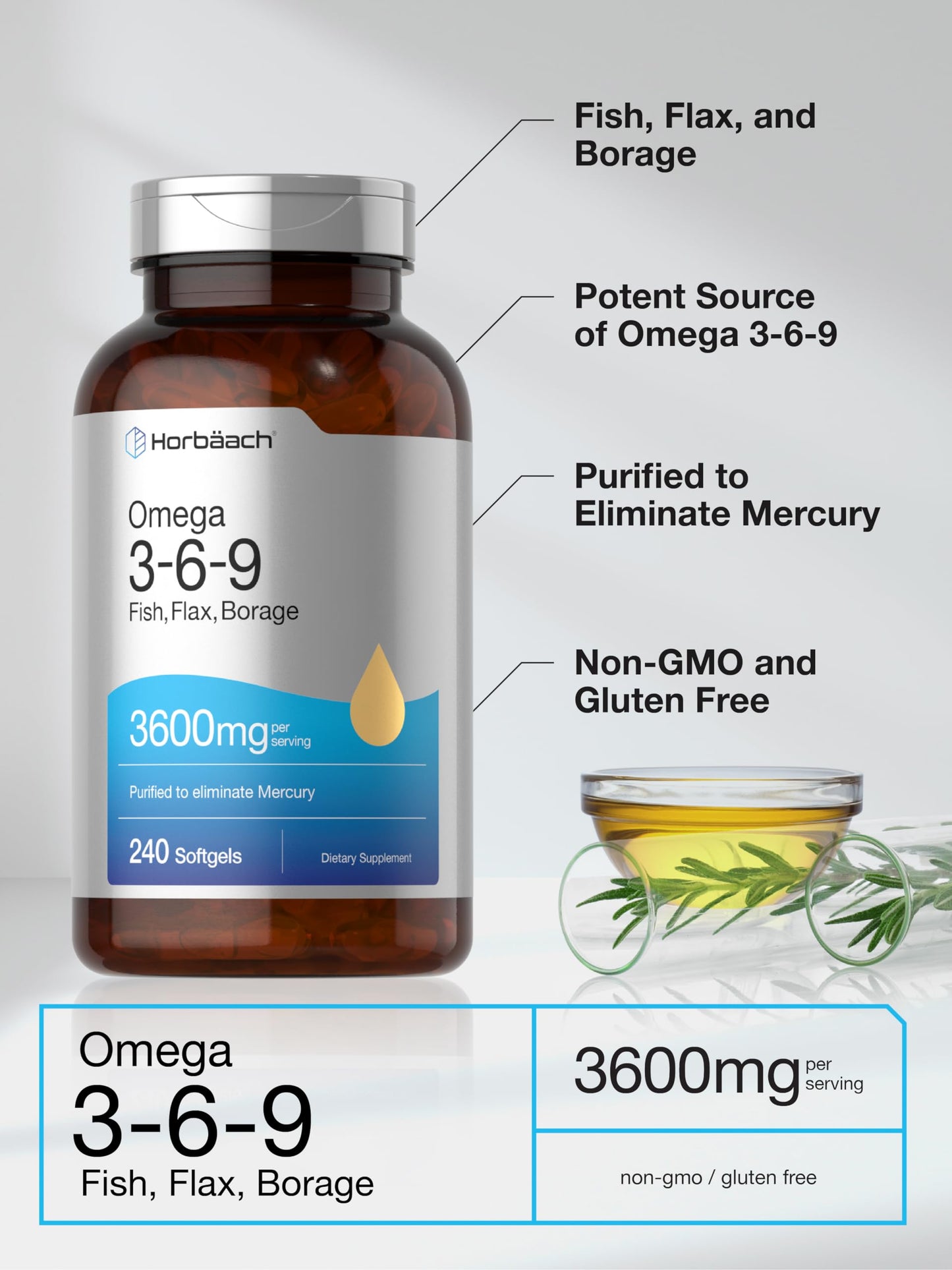 Horbäach Triple Omega 3-6-9 Softgels 240 | Fish, Flaxseed & Borage Oils | Non-GMO & Gluten Free