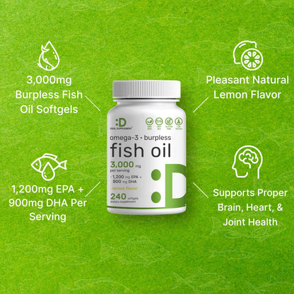 DEAL SUPPLEMENT Omega 3 Fish Oil – 3,000 mg per Serving, 240 Softgels, Burpless Lemon