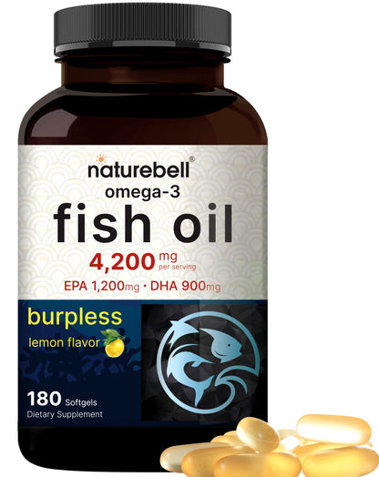 Omega 3 Fish Oil 4200mg – 180 Burpless Softgels | EPA 1200mg DHA 900mg | Lemon