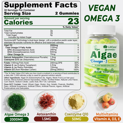 Omega 3 Gummies 2200mg from Algae Oil – DHA 640mg & EPA 290mg | Vegan, Sugar-Free