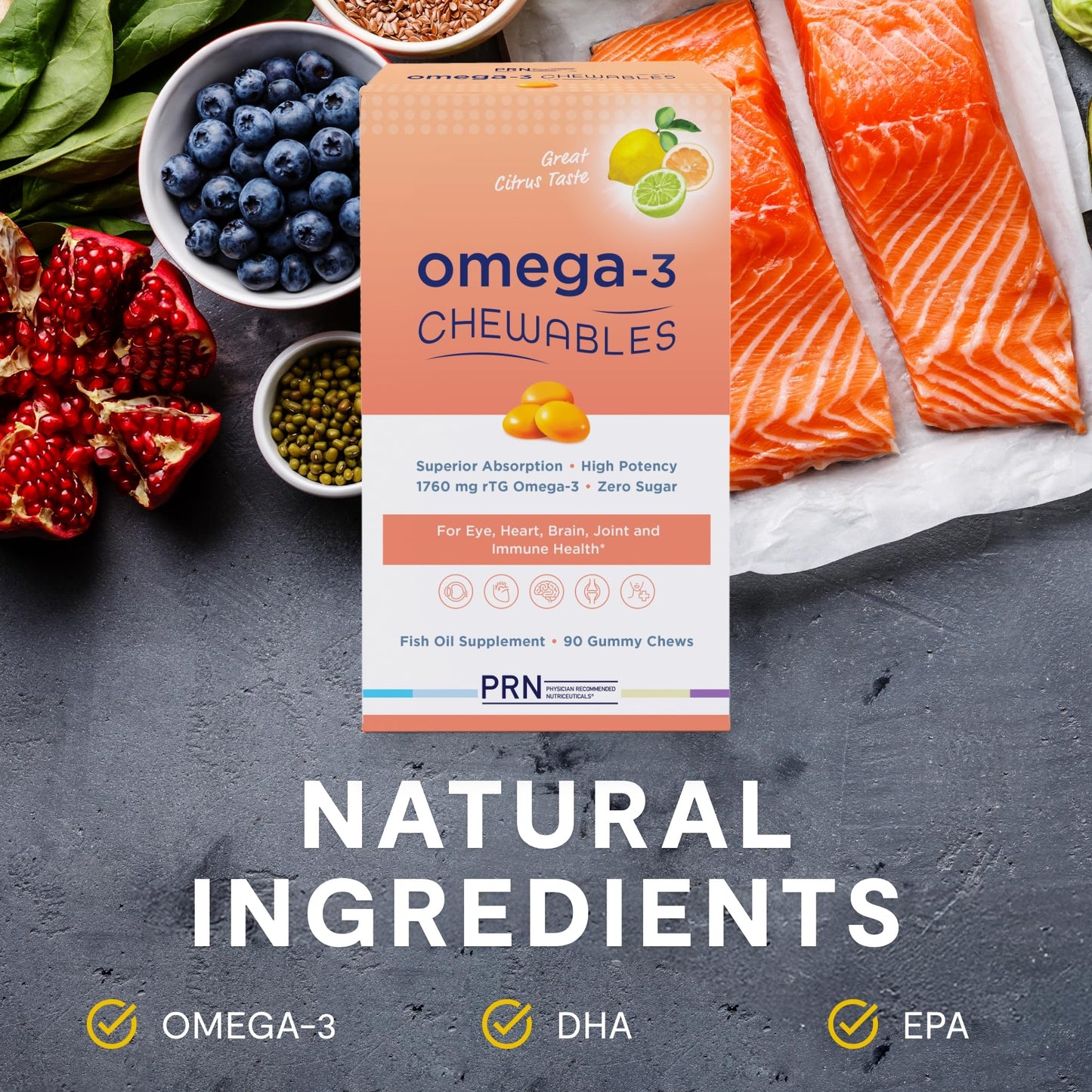 Omega 3 Gummy Chewables - 90 Gel Chews, 30-Day Citrus Supply | 1760mg Ultra-Pure rTG Omega 3