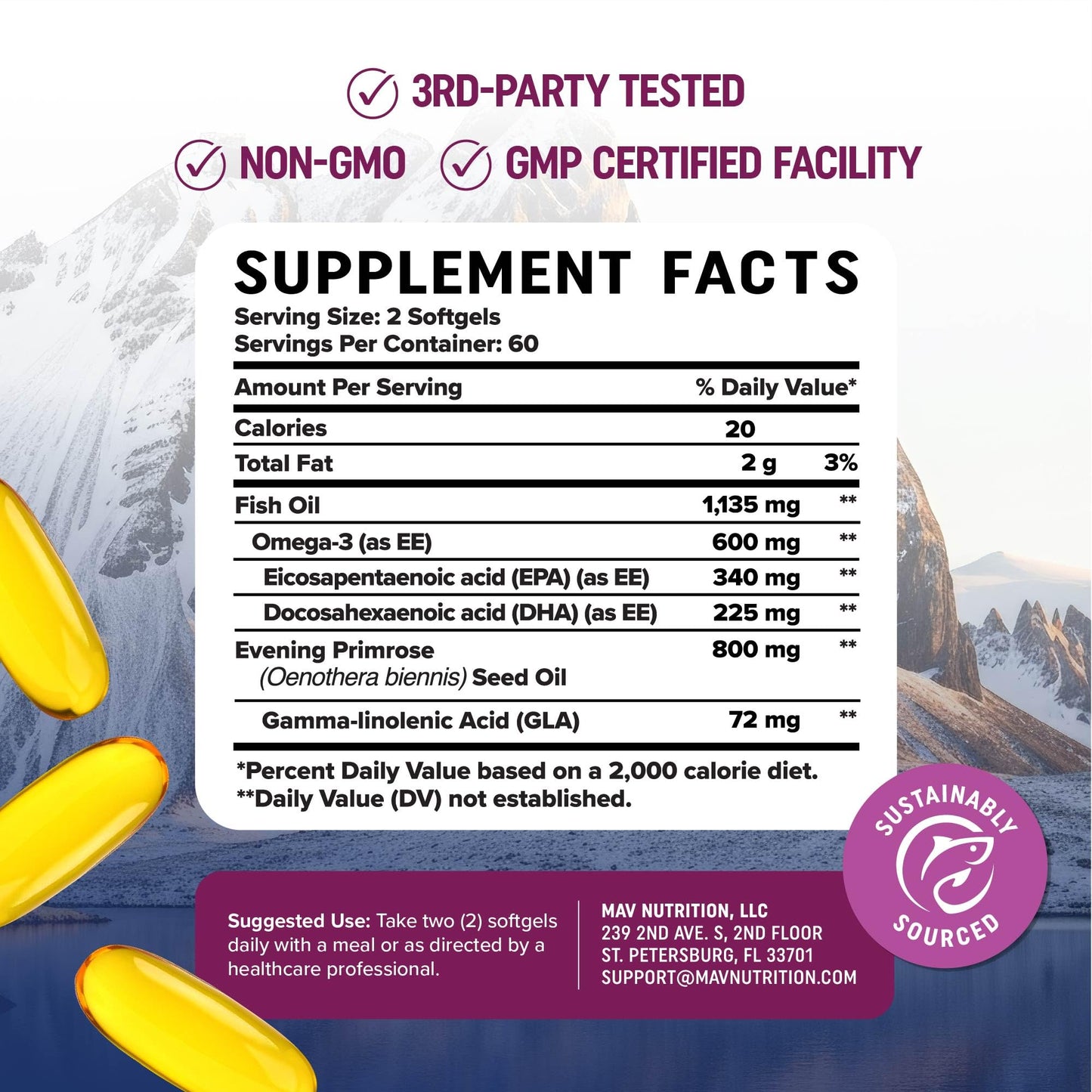Omega 3 for Women - Fish Oil + Evening Primrose | 600mg Omega-3 + 800mg Evening Primrose | 120 Ct