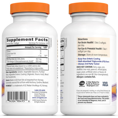 OmegaVia DHA 600 mg – Ultra Pure DHA for Brain & Eyes, Burpless, IFOS Tested, 120 Softgels