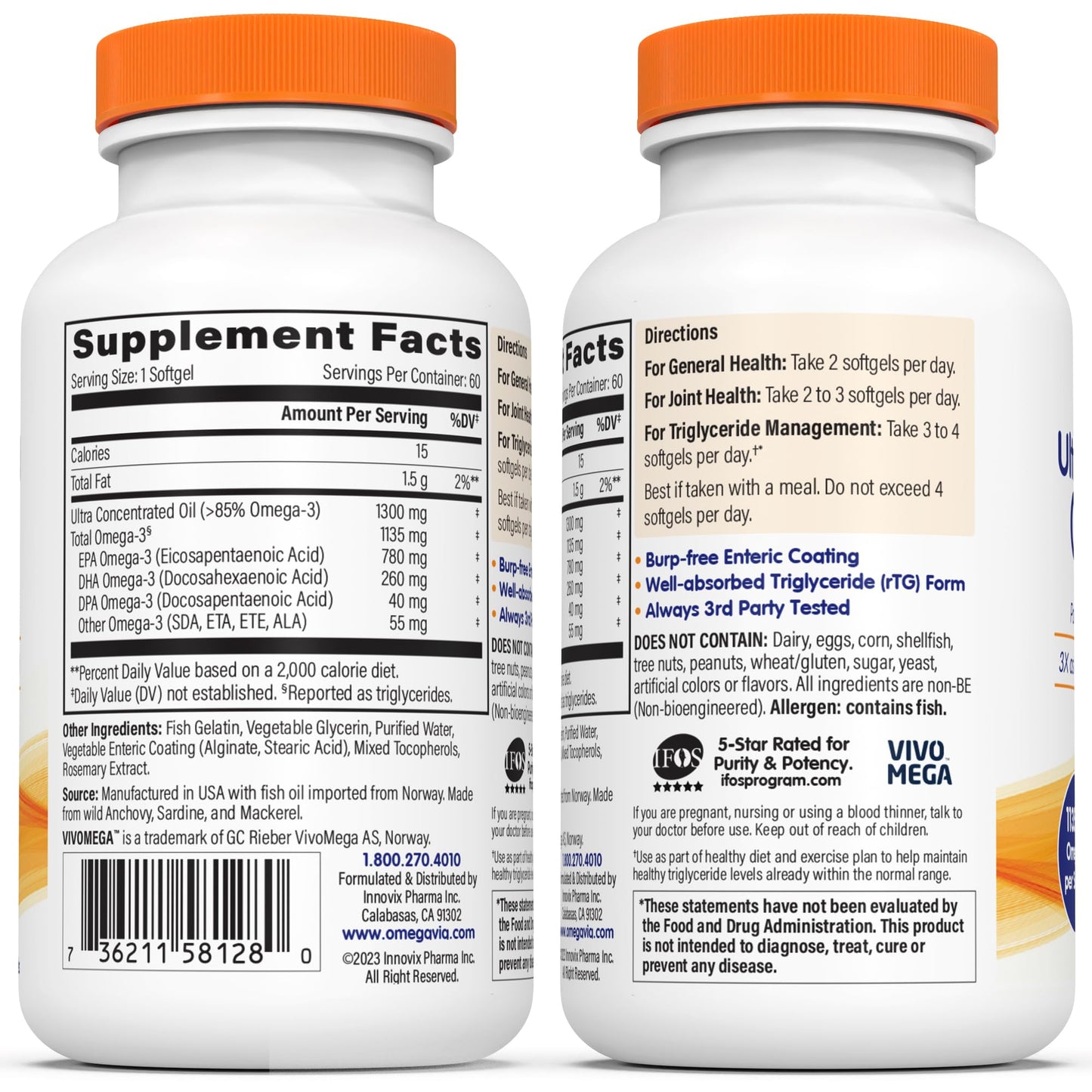 OmegaVia Ultra Concentrated Omega-3 Fish Oil Burpless — 60 Softgels, Triple Strength