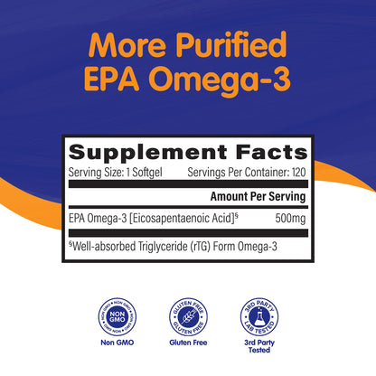 OmegaVia EPA 500 — Purified Omega-3 EPA (Triglyceride), Burpless Fish Oil, IFOS 5★, 120 Softgels