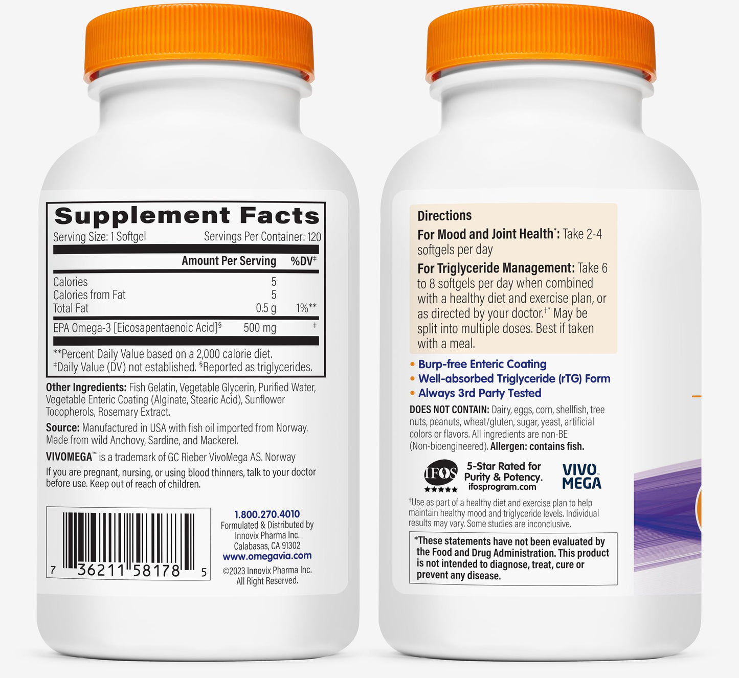 OmegaVia EPA 500 — Purified Omega-3 EPA (Triglyceride), Burpless Fish Oil, IFOS 5★, 120 Softgels
