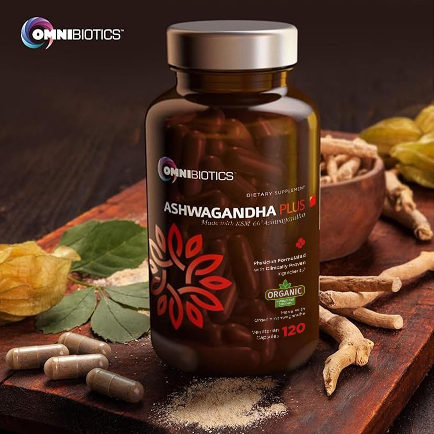 OmniBiotics Organic Ashwagandha – 1300mg Total Strength, 120 Vegan Caps